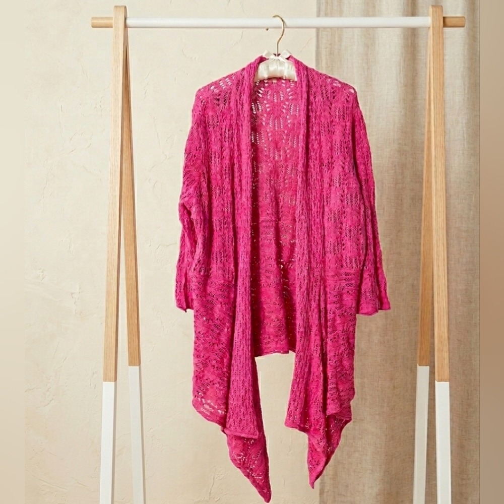 Woman Within 1X Pink Ramie Cotton Pointelle Waterfall Open Front Cardigan XL 22
